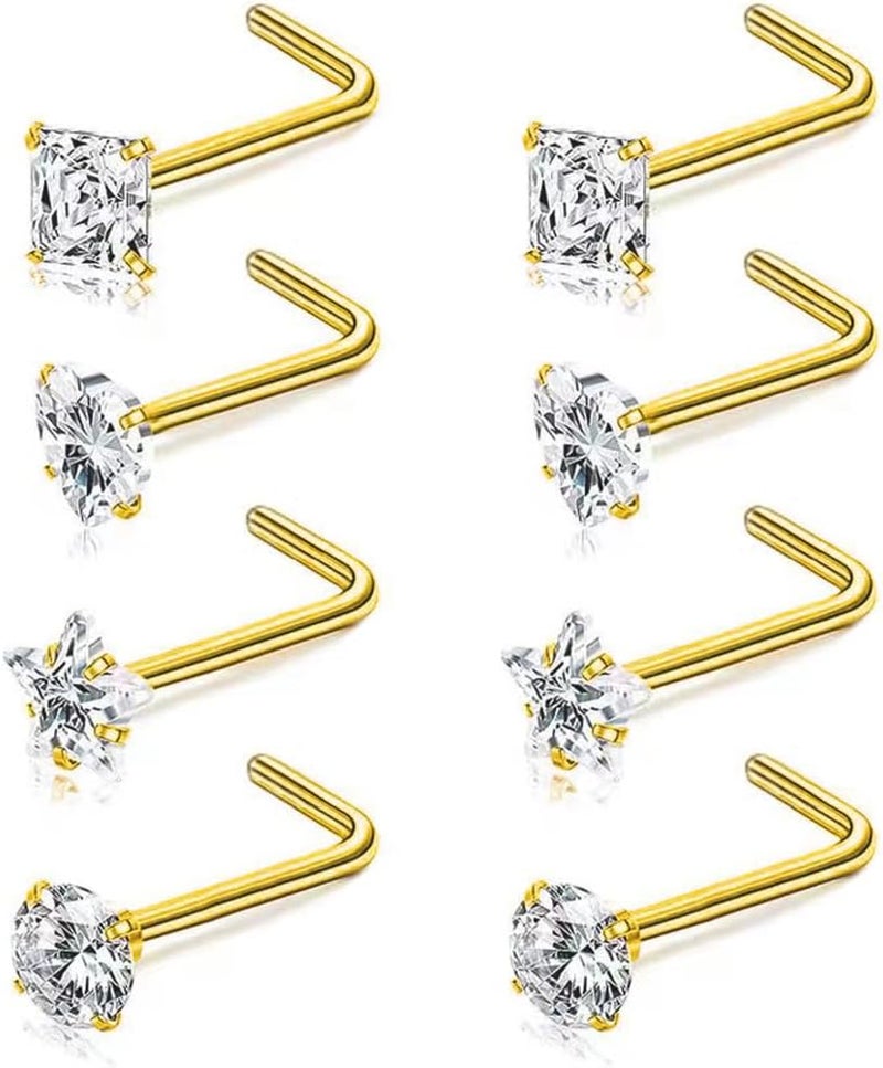 SEEDRILL 8Pcs 20G Nose Rings studs for Woman Hypoallergenic Nose Studs 316L Surgical Steel with Gold Plated Nose Piercings Jewelry 3mm CZ L Shape Nose Rings 20 Gauge Nose Stud Nose Screw Studs - Image 1